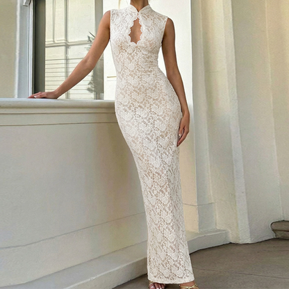 Lace hollow out slit sleeveless zip-up maxi dress  | Festival Outfits Women