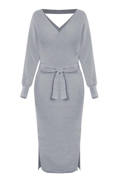 V Neck Backless Sweater Midi Dress(5 Colors)