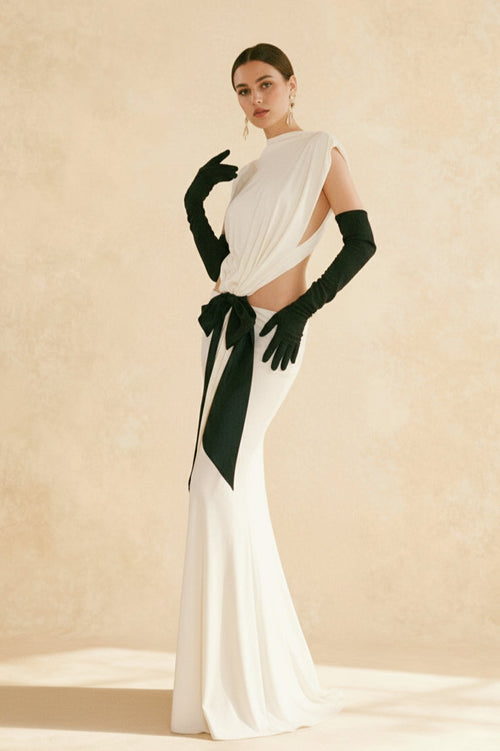 Bows Tassel Pleated Waistless Maxi Dress