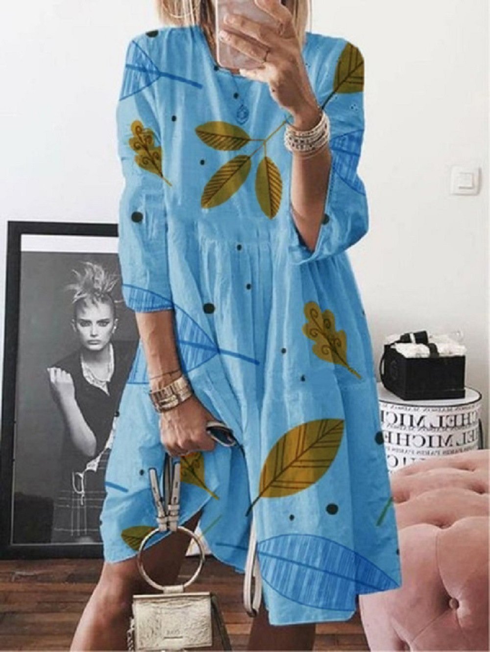 3/4 Sleeve Leaf Print High Waist Midi Dress for Women