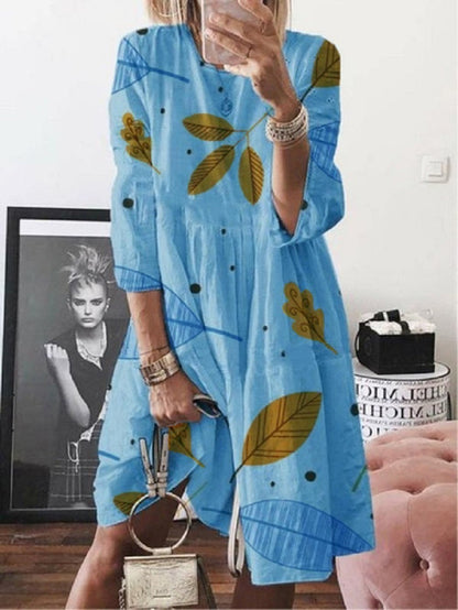 3/4 Sleeve Leaf Print High Waist Midi Dress for Women