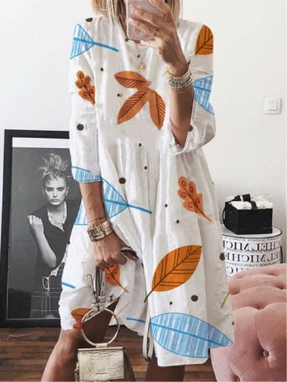 3/4 Sleeve Leaf Print High Waist Midi Dress for Women