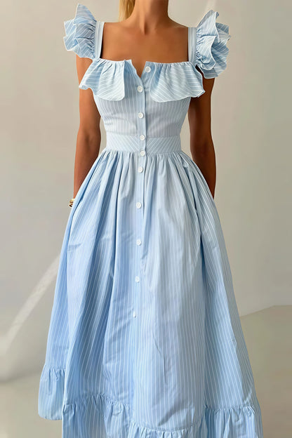 Ruffle Striped Square Collar Midi Dress