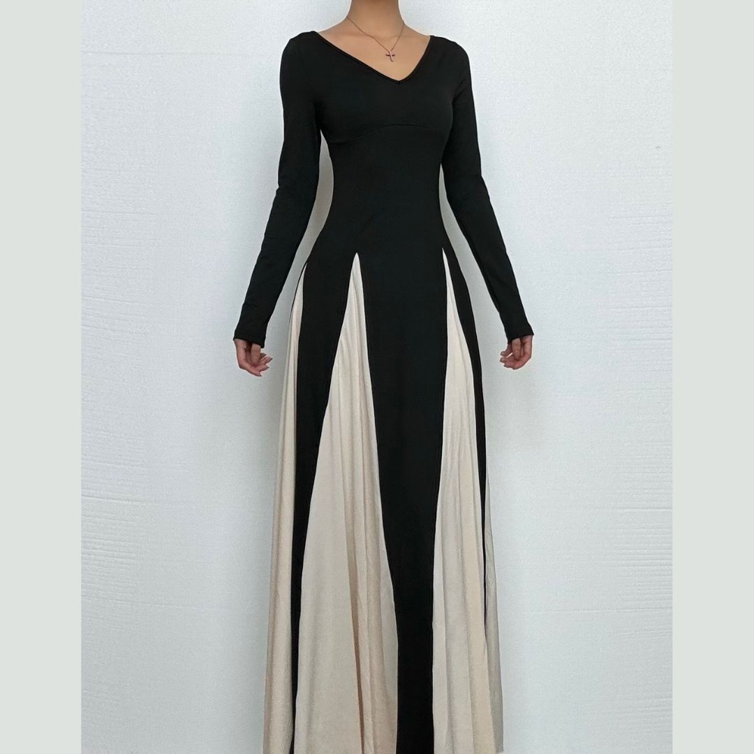 Long sleeve v neck contrast patchwork maxi dress  | Festival Outfits Women