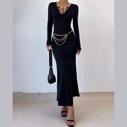 Long sleeve beaded v neck solid maxi dress  | Festival Outfits Women