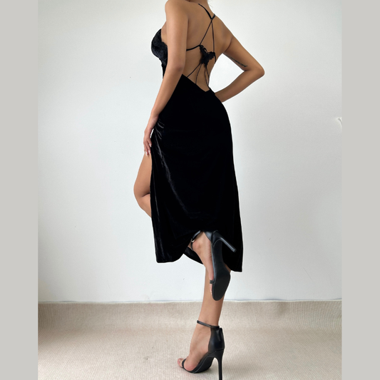 V neck butterfly applique ruched velvet cami maxi dress  | Festival Outfits Women