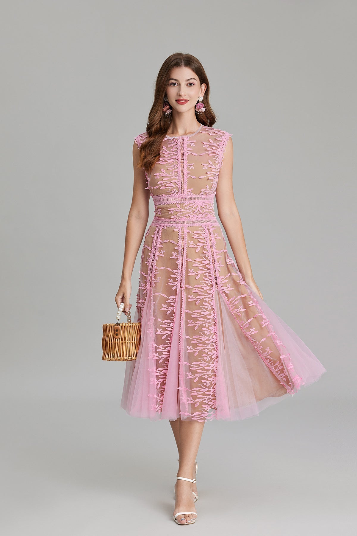 Maëlle Round Neck Mesh Embroidered Midi Dress In Beige