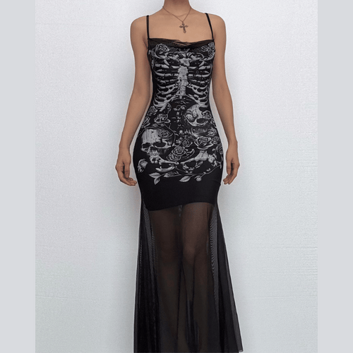 U neck skull print mesh backless cami maxi dress  | Festival Outfits Women