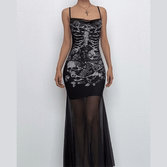 U neck skull print mesh backless cami maxi dress  | Festival Outfits Women