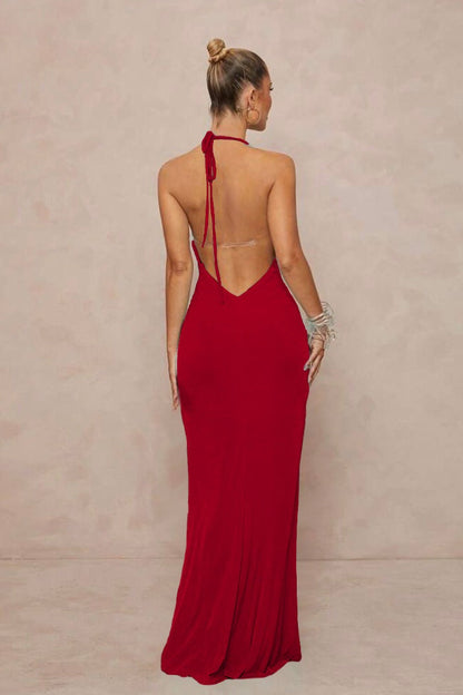 Deep V Halter Ruched Metal Trim Backless Maxi Dress