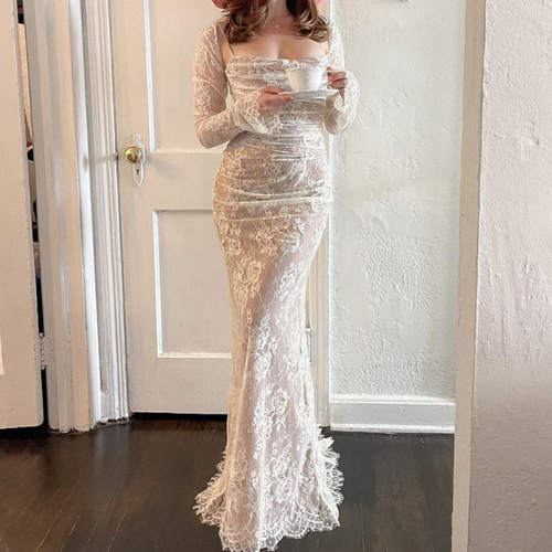 Long sleeve lace square neck cami maxi dress  | Festival Outfits Women