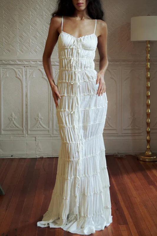 Lace Pleated Backless Suspender Maxi Dress