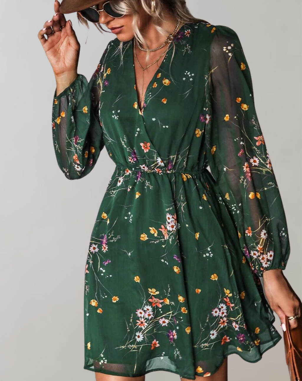 Women’s Stylish Waist-Cinching V-Neck Midi Dress with Floral Prints | Ideal for Spring/Summer