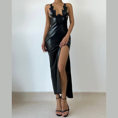 PU leather slit backless maxi dress  | Festival Outfits Women