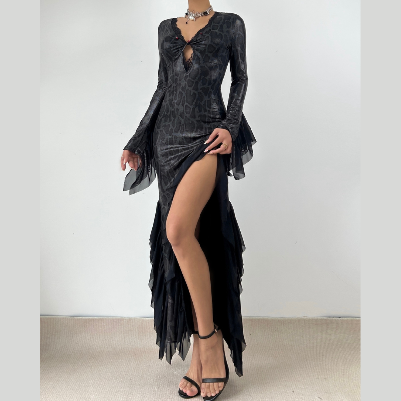 Long sleeve v neck lace hem snakeskin print maxi dress  | Festival Outfits Women
