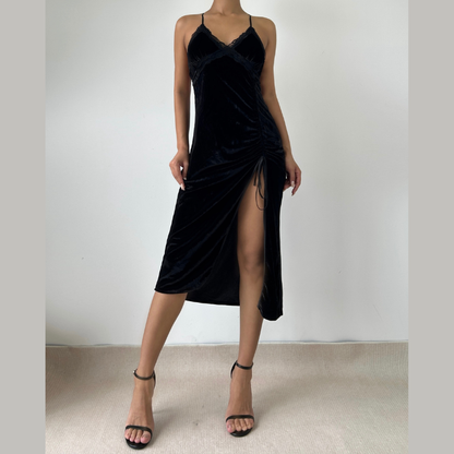 V neck butterfly applique ruched velvet cami maxi dress  | Festival Outfits Women