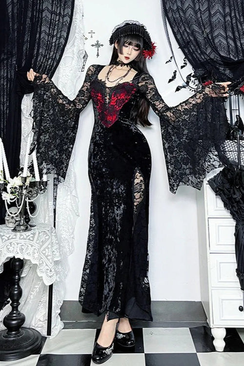 2000s Vintage Gothic Chain Lace Splicing Maxi Dress