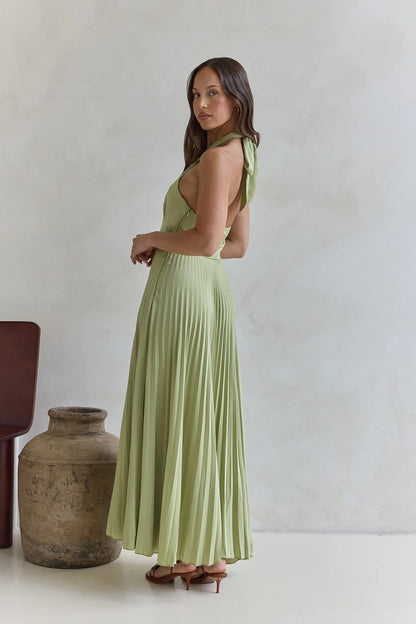 Solid Color Halter Neck Hollowed-out Casual Pleated Holiday Maxi Dress