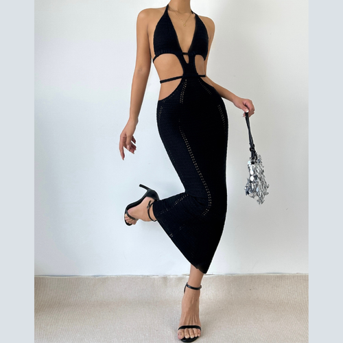 Halter self tie hollow out v neck cut out maxi dress  | Festival Outfits Women