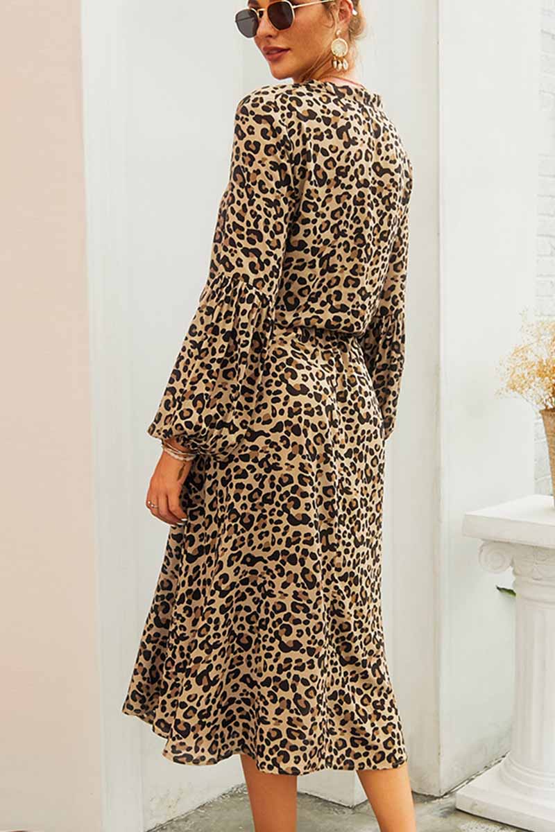 Leopard Print V-neck Elegant Midi Dress
