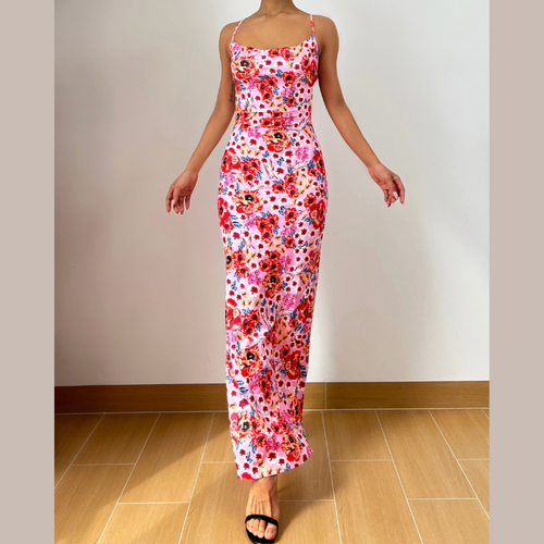 Cross back self tie flower print cami maxi dress  | Festival Outfits Women