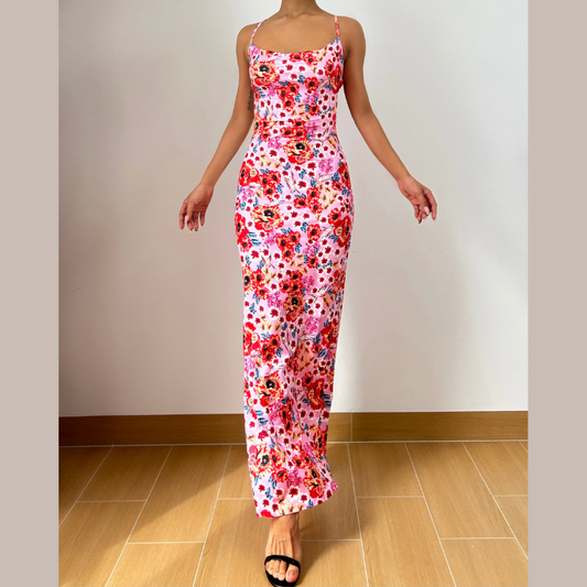 Cross back self tie flower print cami maxi dress  | Festival Outfits Women
