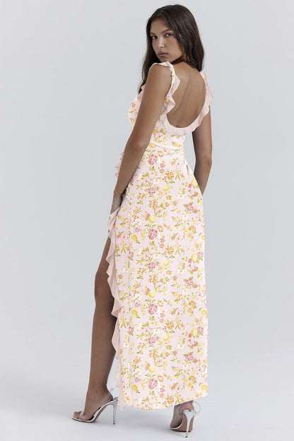 cherry ruffle maxi dress-pink flower