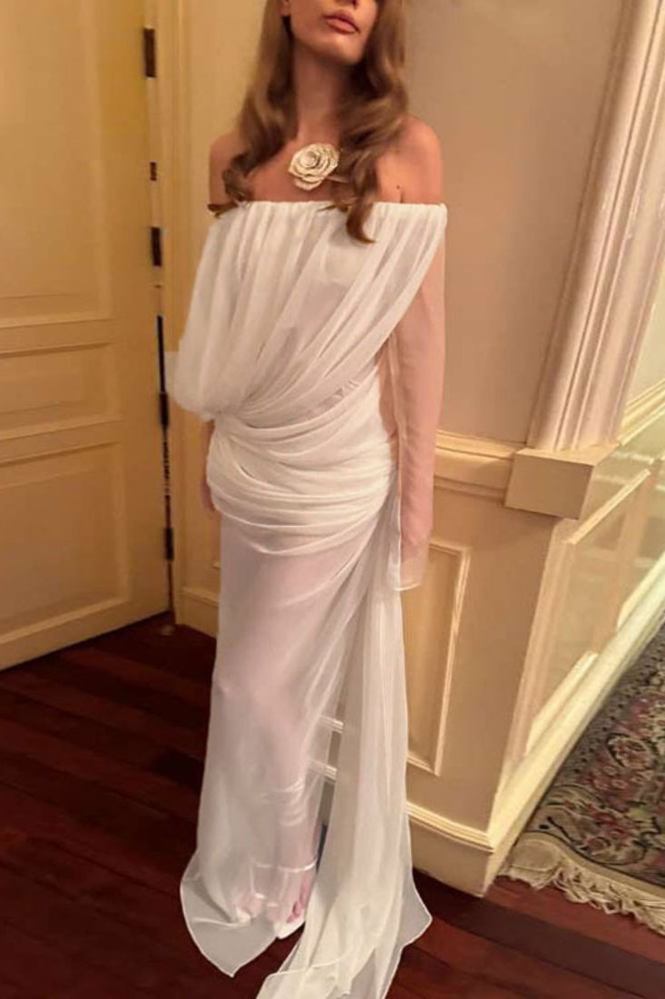 Solid Mesh Sheer Off Shoulder Ruched Elegant Maxi Dress
