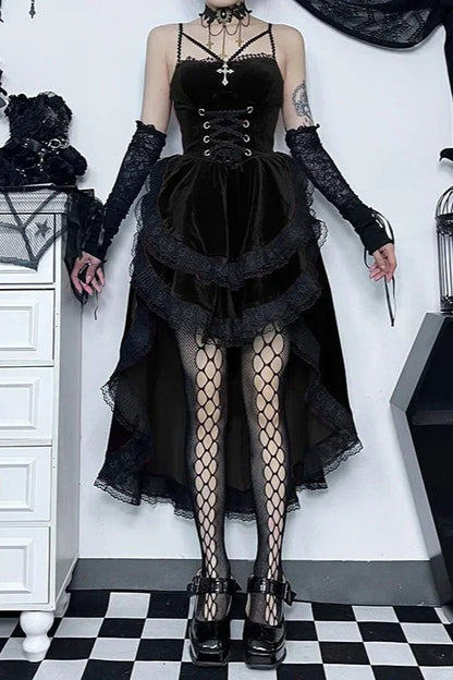 Dark Gothic Lace Strap Swallow Tail Corset Midi Dress