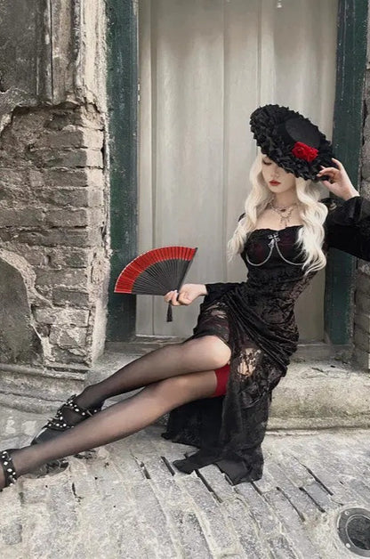 Gothic Y2k Lace Patchwork Long Sleeve Slim Black Maxi Dress