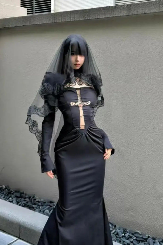 Gothic Lace Veil Cross Maxi Dress