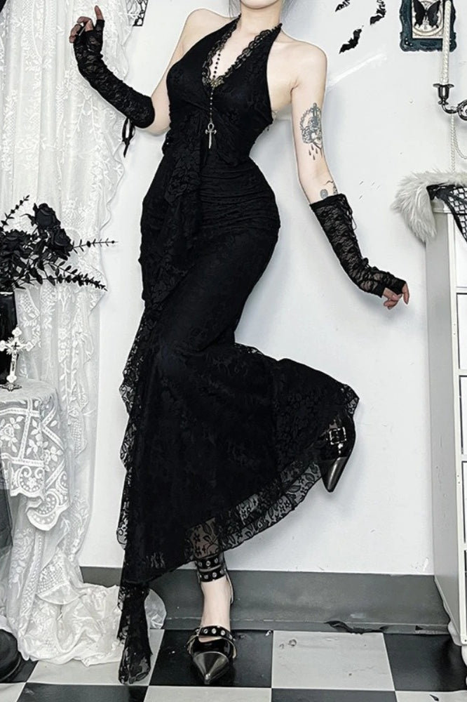 Cyber Y2K Halter Lace Pleat Hem Bodycon Maxi Dress