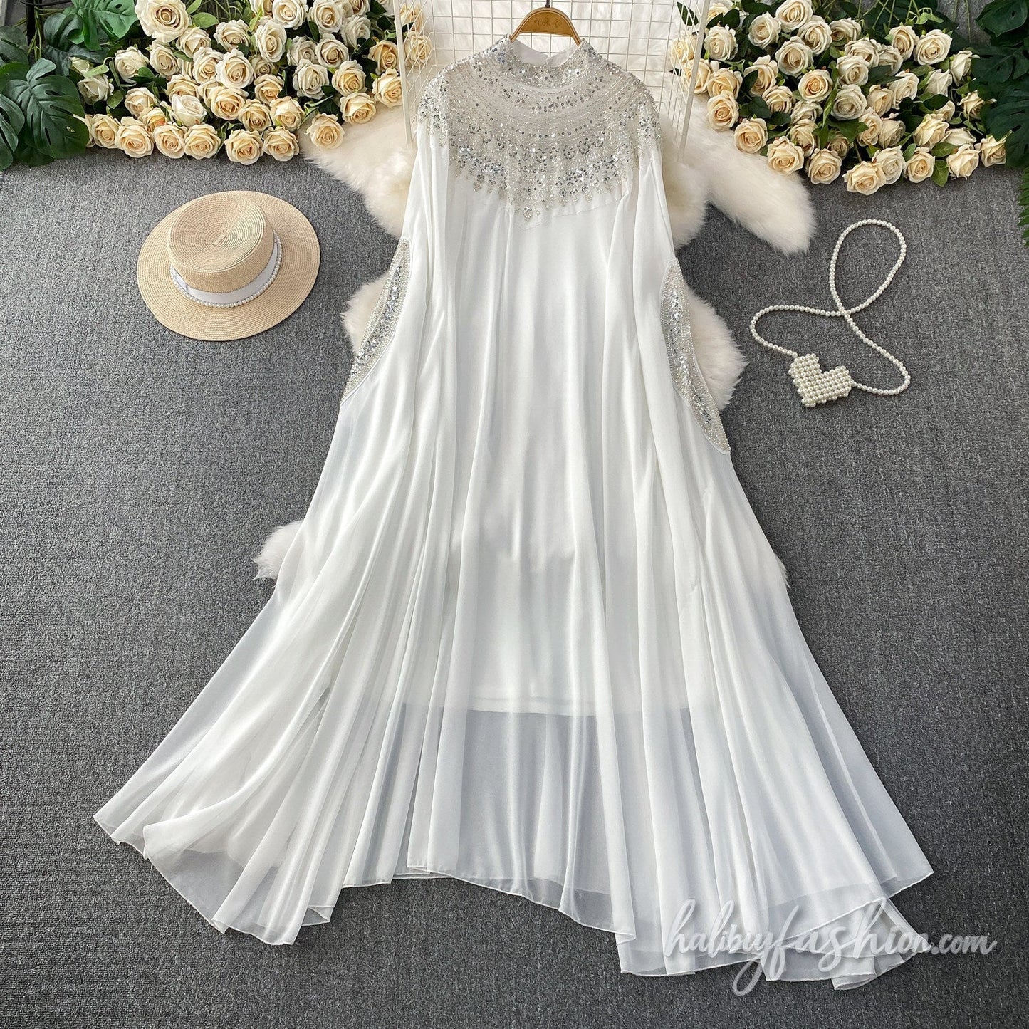 Glitter button crewneck beaded maxi dress