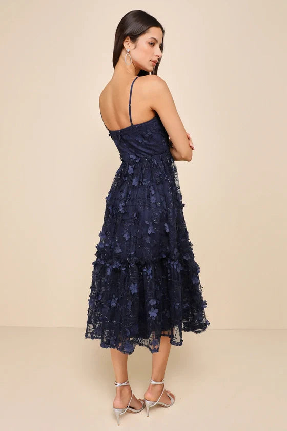 Springtime Soiree Navy Black Sequin 3D Floral Applique Midi Dress