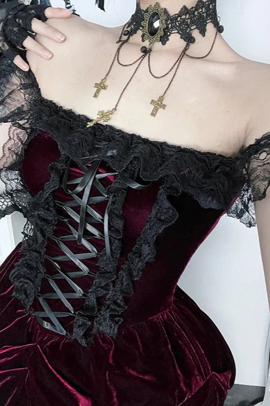 Elegant Dark Red Velvet Lace Midi Dress