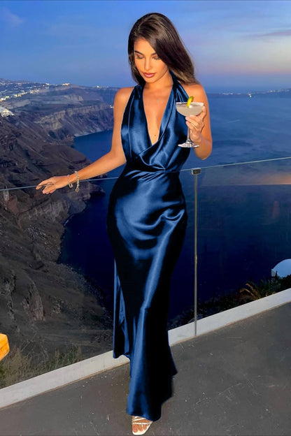 Sexy Halter Cowl Neck Backless Maxi Dress