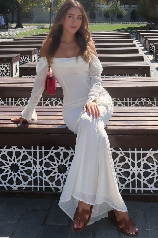 Mesh Double-Layer One-Shoulder Backless Mermaid Long Sleeve Maxi Dress