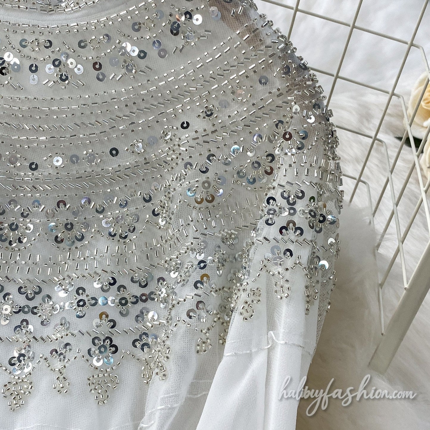 Glitter button crewneck beaded maxi dress