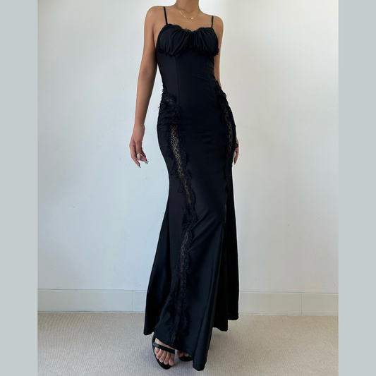 Lace hem v neck backless solid cami maxi dress  | Festival Outfits Women