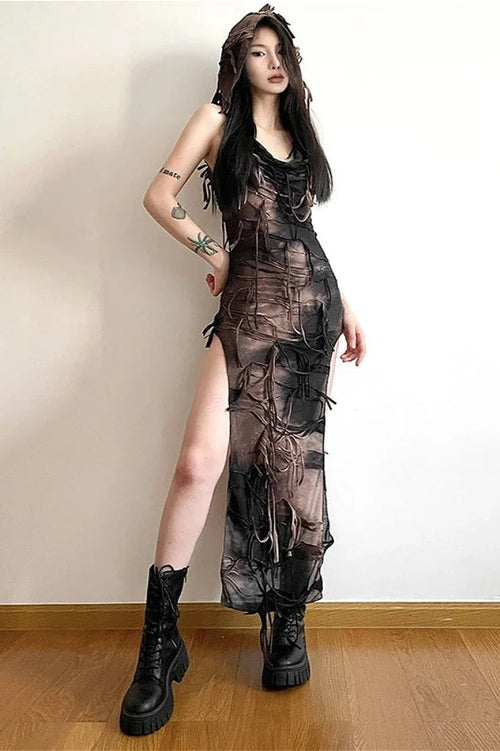 Tassel Hooded High Split Midi Dress