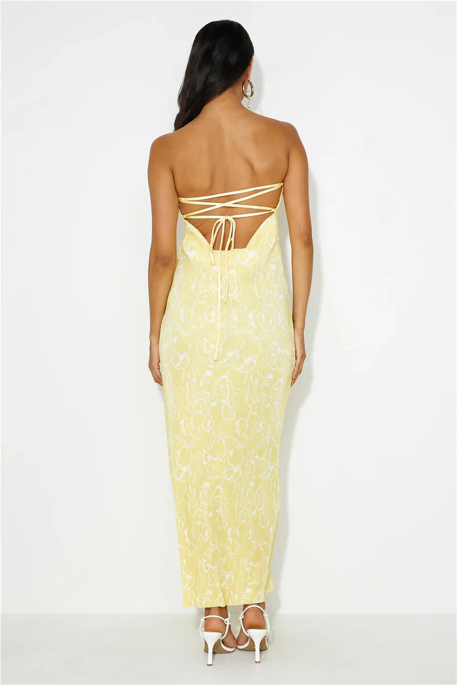 Sharp Style Strapless Plisse Maxi Dress Yellow