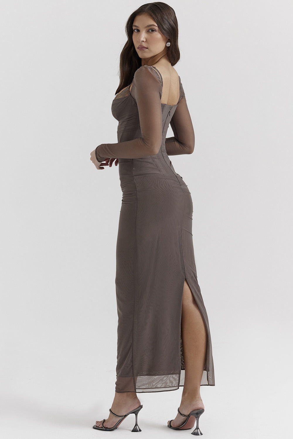 Mesh Lace Patchwork Boned Fitted High Slit Elegant Maxi Dress