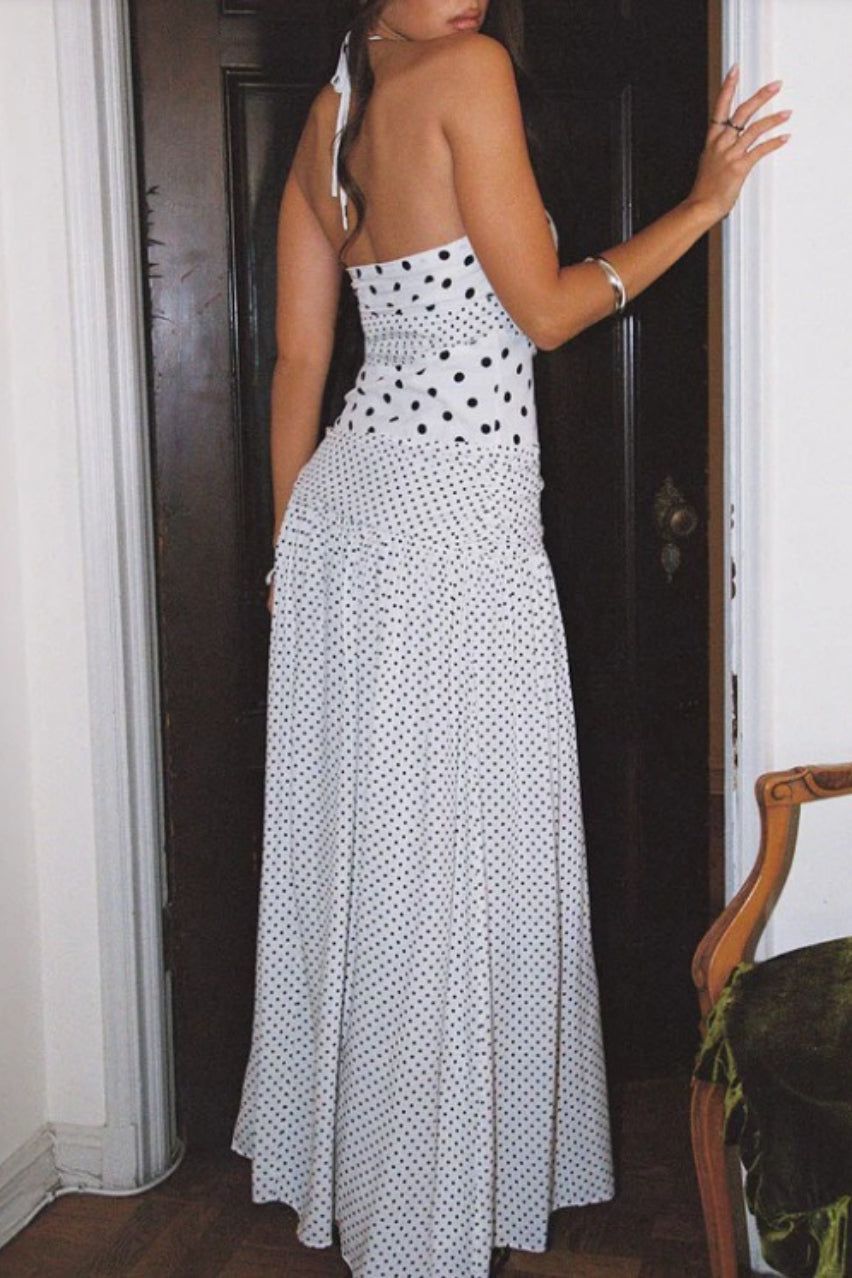Lace Square Neck Polka Dot Cami Maxi Dress