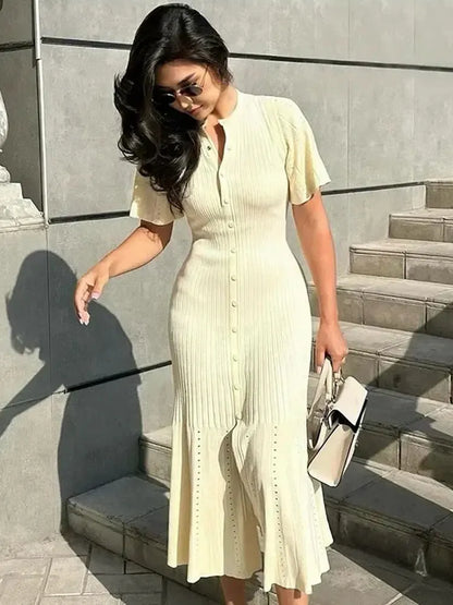 Knitted Patchwork High Waist Midi Dress