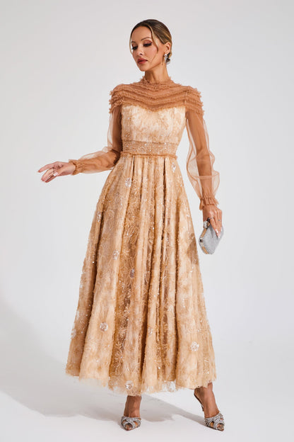 Attlee Orange Lace Sequins Maxi Dress
