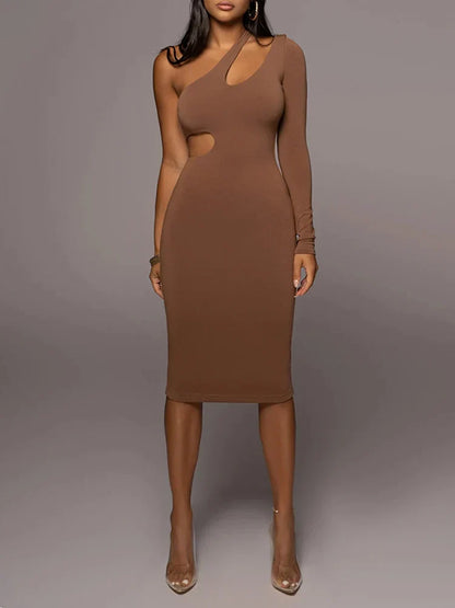 DressBetty - 2024 Solid Color One Shoulder Hollow Out Midi Dress Cut Out Dresses