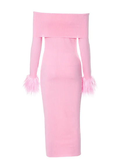 Knitted Long Sleeve Off-Shoulder Fur Patchwork Ribbed Bodycon Midi Dress