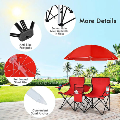 Double Folding Camping Chairs w/ Umbrella & Cooler Bag