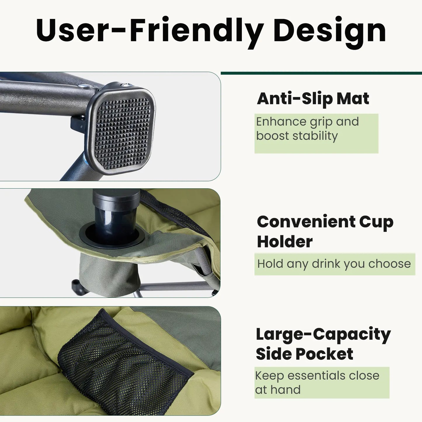 Folding Camping Chair with Steel Frame, Cup Holders & Side Pockets