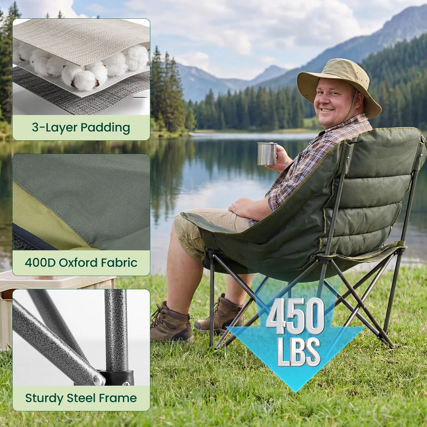 Folding Camping Chair with Steel Frame, Cup Holders & Side Pockets